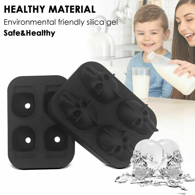 3D 4-Skull Bear Whiskey Ice Cube Maker Silicone Mold Tray Funnel Mould Bar Black