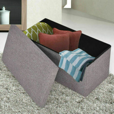 Folding Blanket Box Ottoman Toy Storage Padded Linen Fabric Foot Stool Bed Chest