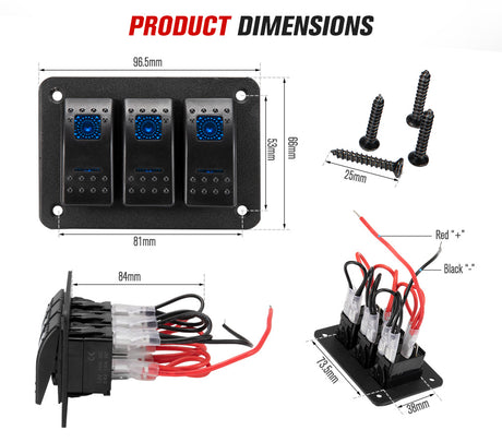 3 Gang Rocker Switch Panel Pre Wired Dual LED Boat Caravan Marine Car 12V 24V